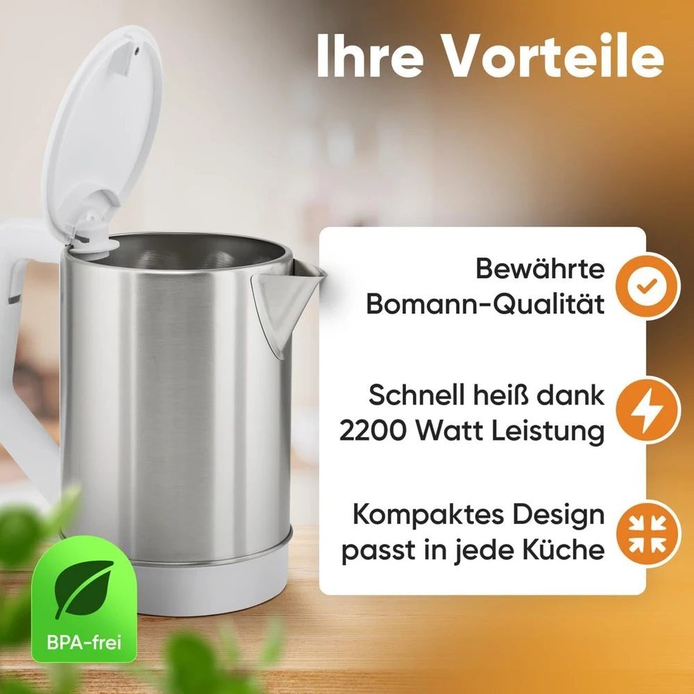 Bomann elektrinis virdulys 1,5 l, 2200 W, nerūdijančiojo plieno WKS 3002 CB