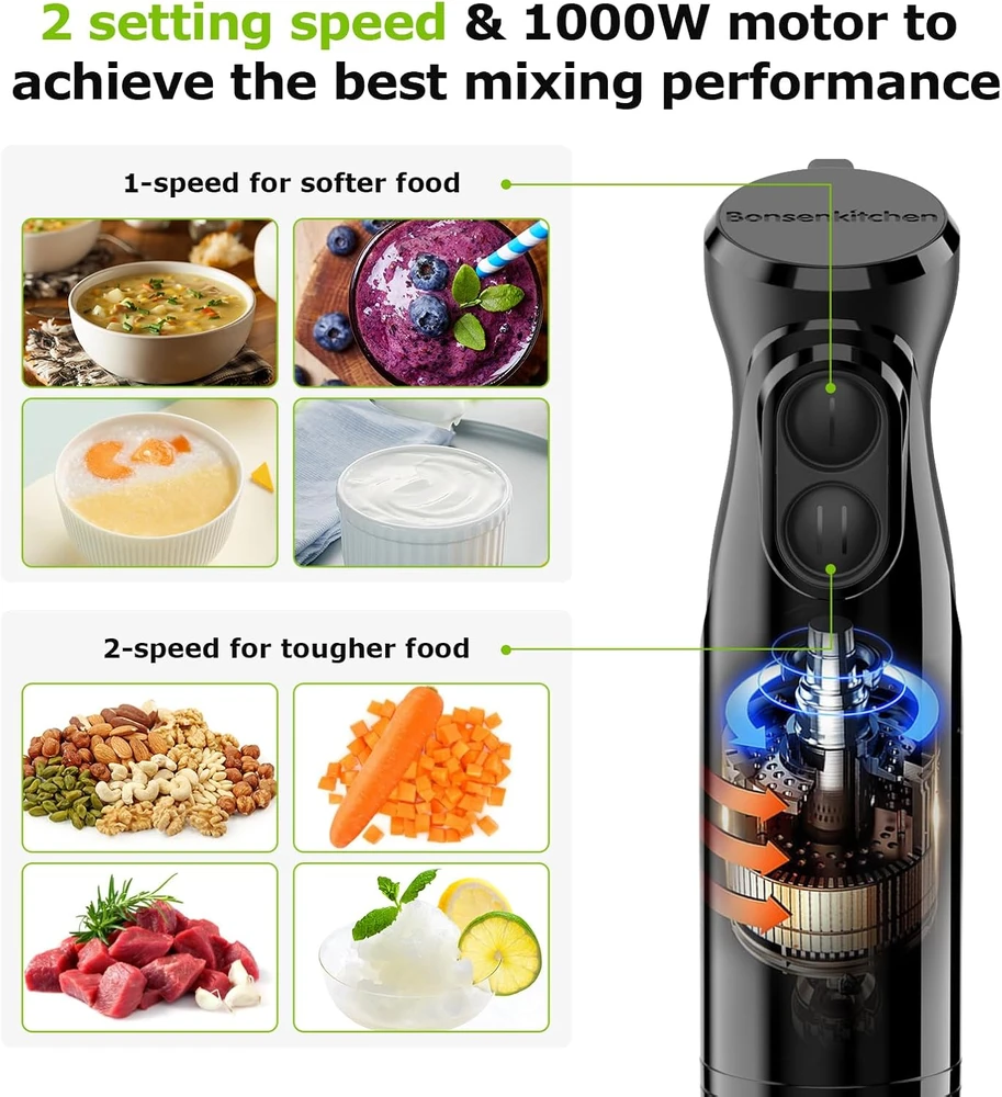 Bonsenkitchen rankinis trintuvas 1000 W, 12 greičių, nerūdijančiojo plieno peiliukai HB3201