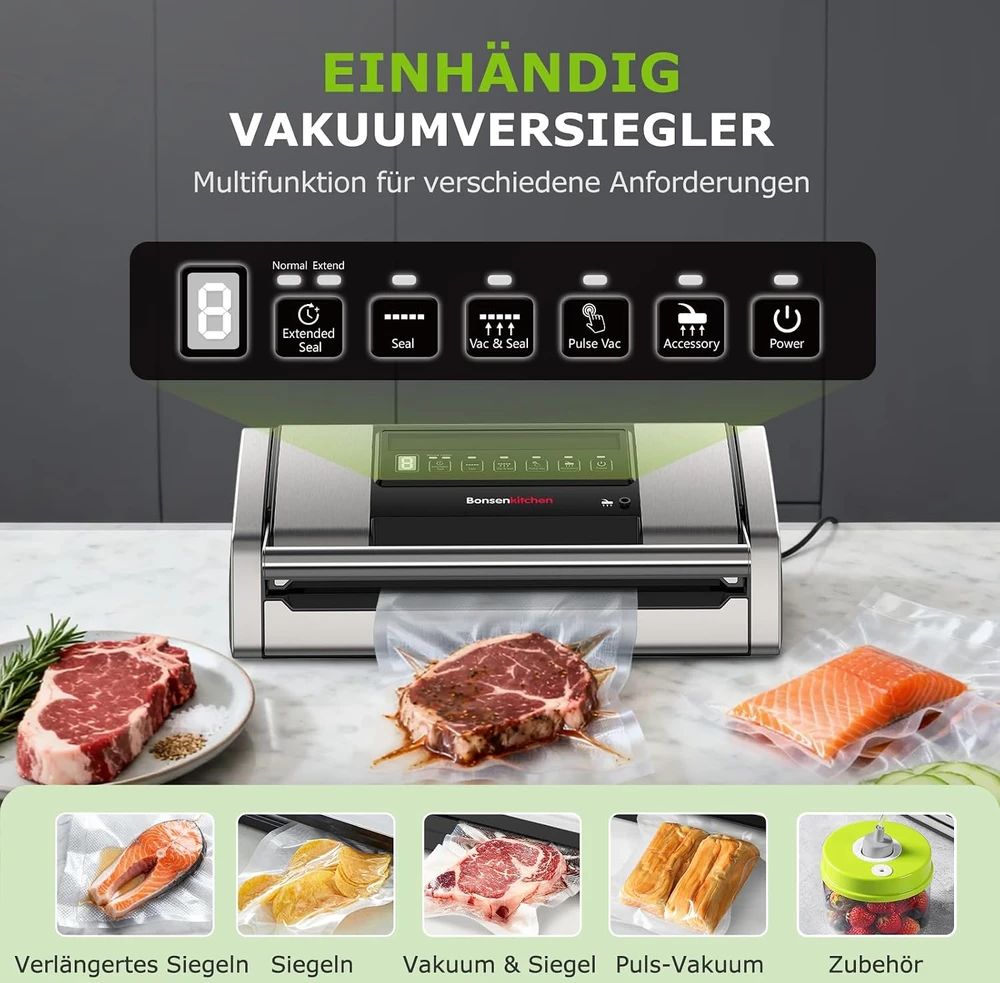 Bonsenkitchen vakuumavimo aparatas maistui 125 W, 15 l/min, 5 režimų VS5100