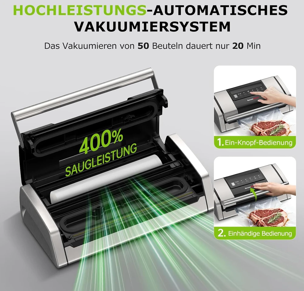 Bonsenkitchen vakuumavimo aparatas maistui 125 W, 15 l/min, 5 režimų VS5100
