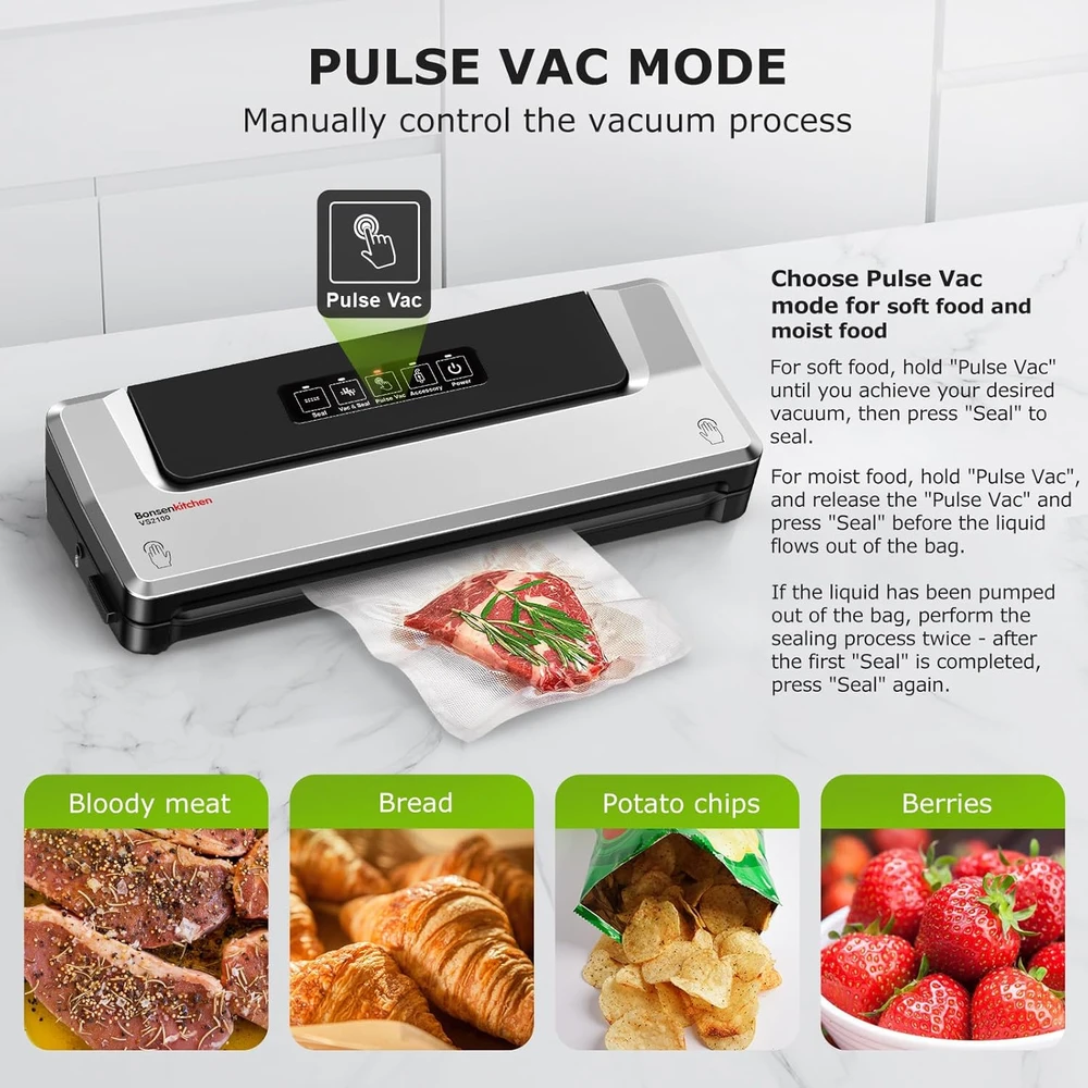 Bonsenkitchen vakuuminė pakavimo mašina 135 W, nerūdijančio plieno, automatinis valdymas, VS2100