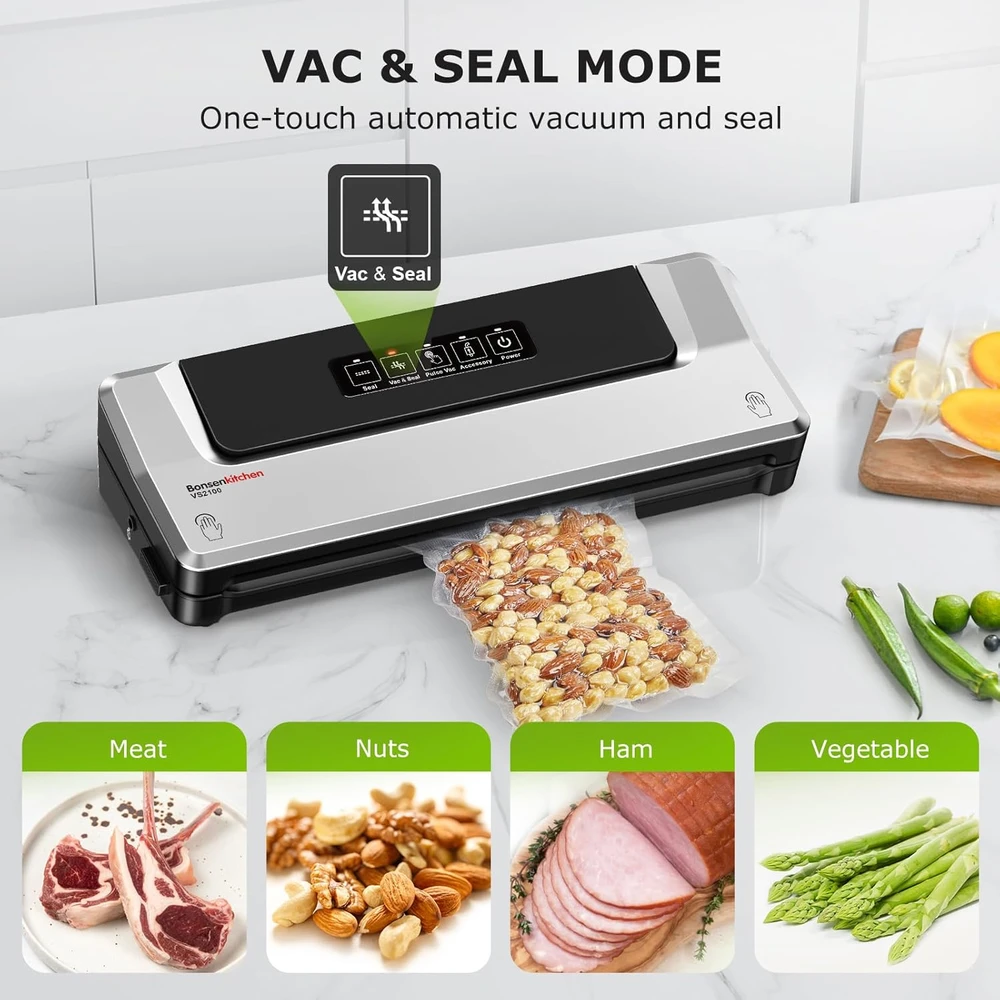 Bonsenkitchen vakuuminė pakavimo mašina 135 W, nerūdijančio plieno, automatinis valdymas, VS2100