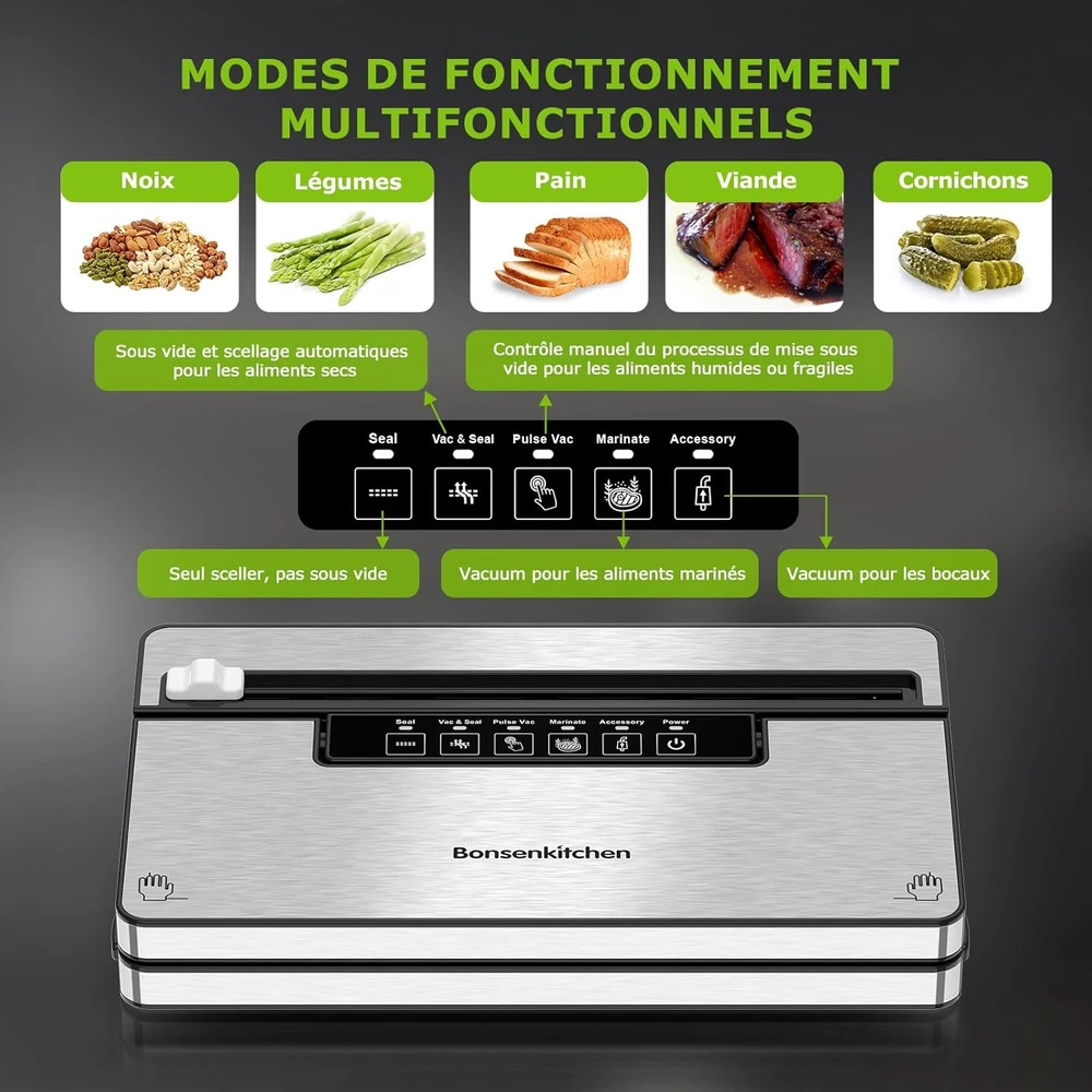 Bonsenkitchen vakuuminė pakavimo mašina, 135 W nerūdijančio plieno, automatinis, VS3201-V2