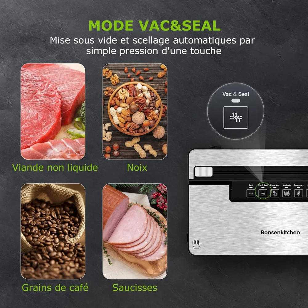 Bonsenkitchen vakuuminė pakavimo mašina, 135 W nerūdijančio plieno, automatinis, VS3201-V2