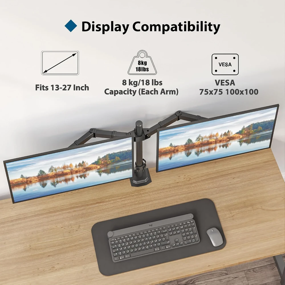 BONTEC dviejų monitorių stalo laikiklis 13–27 col., VESA 75/100 mm, iki 8kg B07PN8XQ78