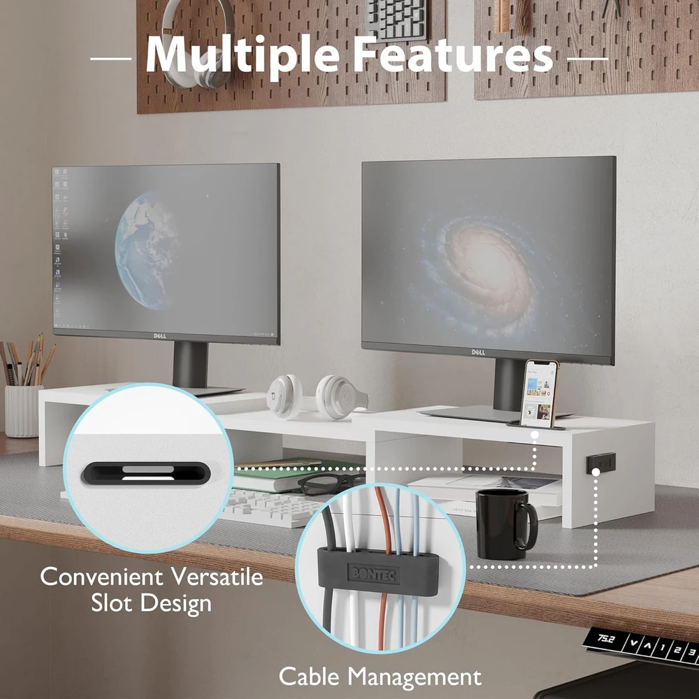 BONTEC dvigubas monitorių stovas su telefono laikikliu, reguliuojamas, baltas MTR-S3-WH-FBA