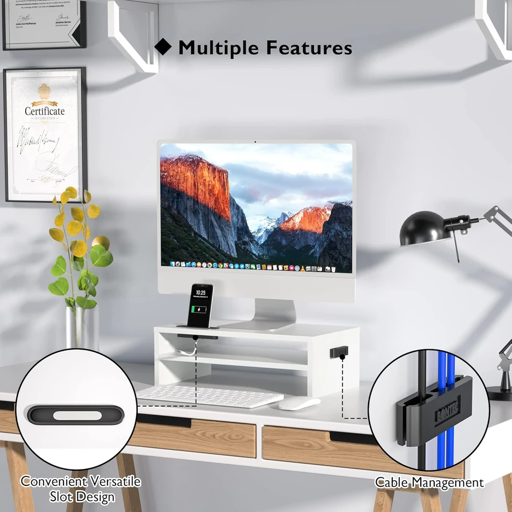 BONTEC medinis monitoriaus stovas su išmaniojo telefono laikikliu, 2 lygių, baltas MTR-S2-WH