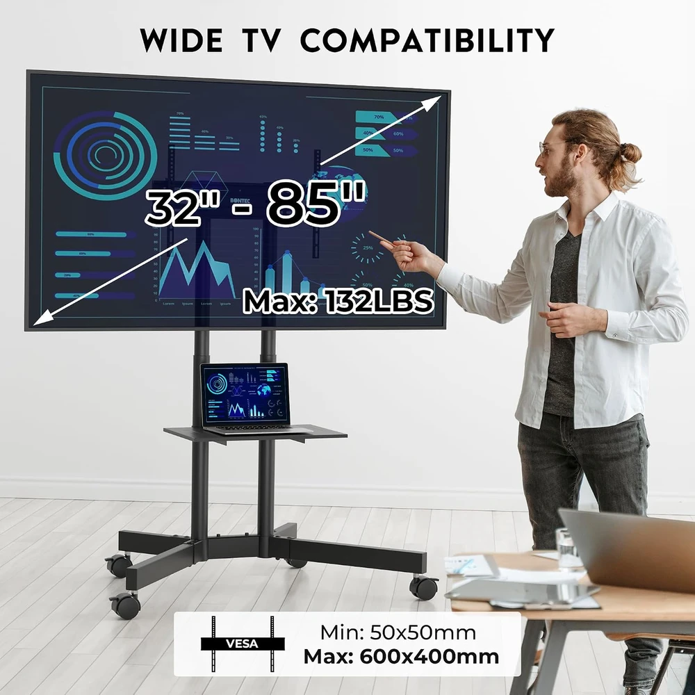 BONTEC mobilus televizoriaus stovas su ratukais 32–85 col. televizoriams, iki 55 kg, FN611-FBA