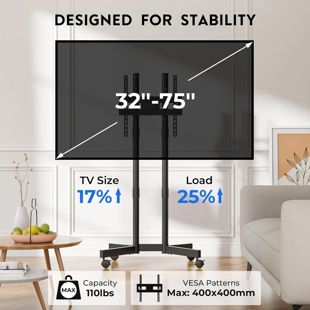 BONTEC mobilus televizoriaus stovas su ratukais 32–75 col., VESA 400 × 400 mm, FN311-BK