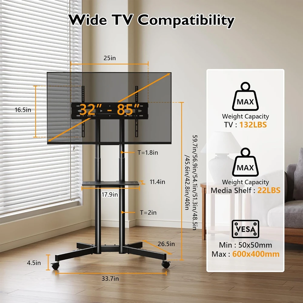 BONTEC mobilus televizoriaus stovas su ratukais 32–85 col. televizoriams, iki 55 kg, FN611-FBA