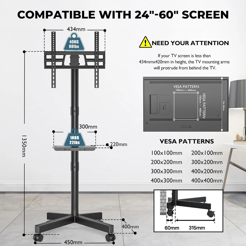 BONTEC mobilus televizoriaus stovas su ratukais 23–60 colių, VESA 400 × 400 mm, TC004B