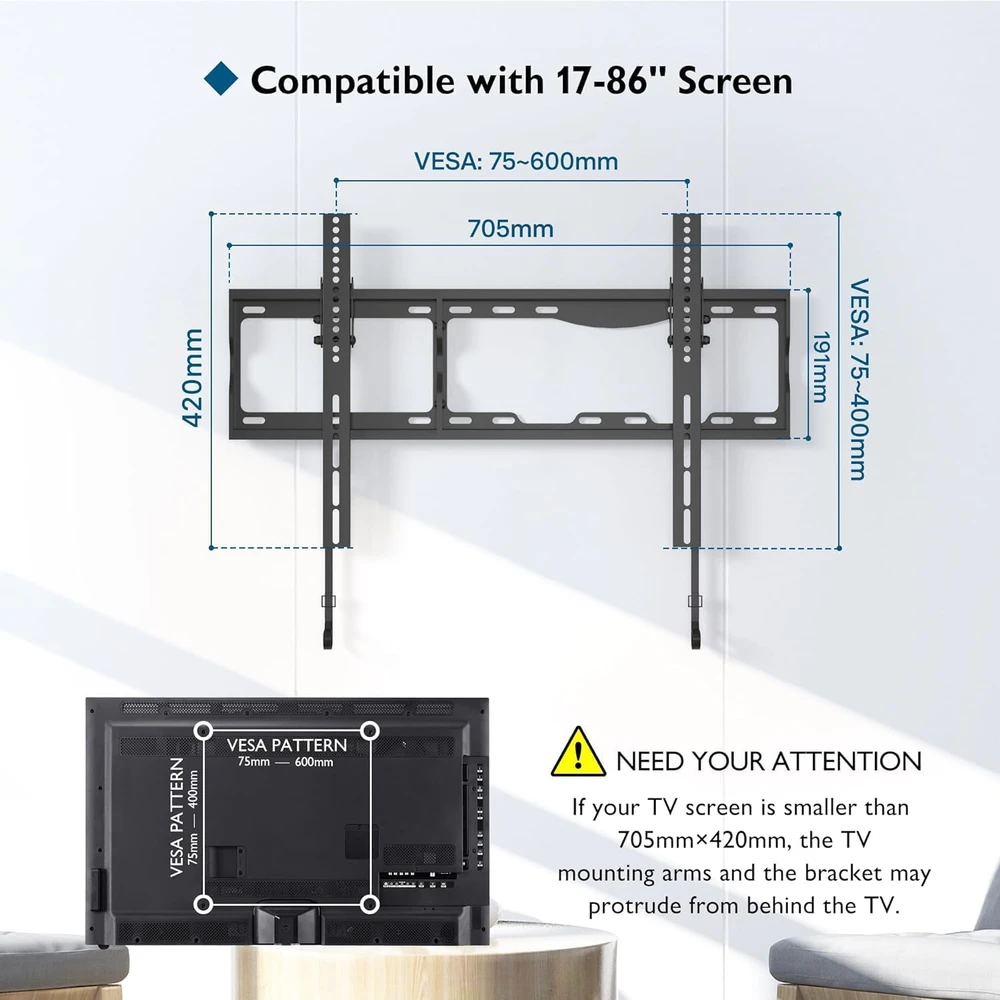 BONTEC sieninis televizoriaus laikiklis 17–86 col., VESA 600 × 400 mm, 75 kg, 119SB