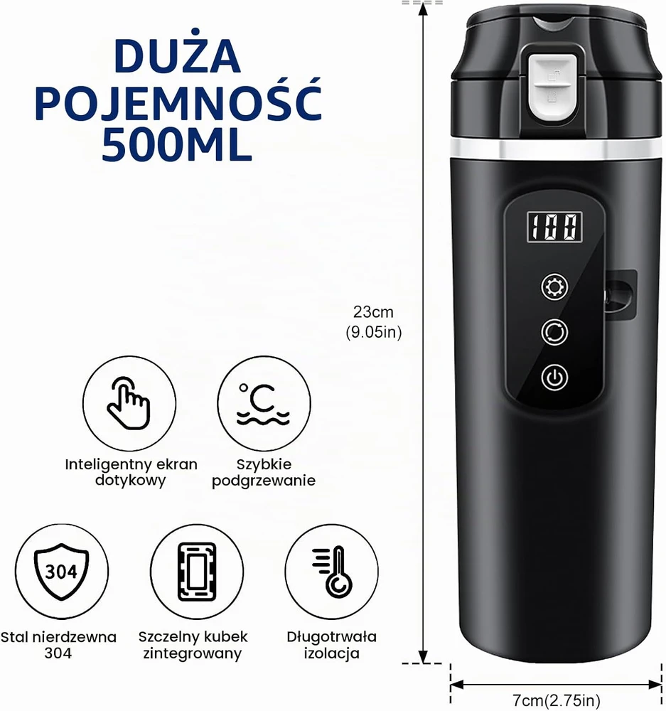 BORDEAG automobilinis elektrinis virdulys 500 ml 12–24 V su LCD ekranu CAN-XR-cshuihu2