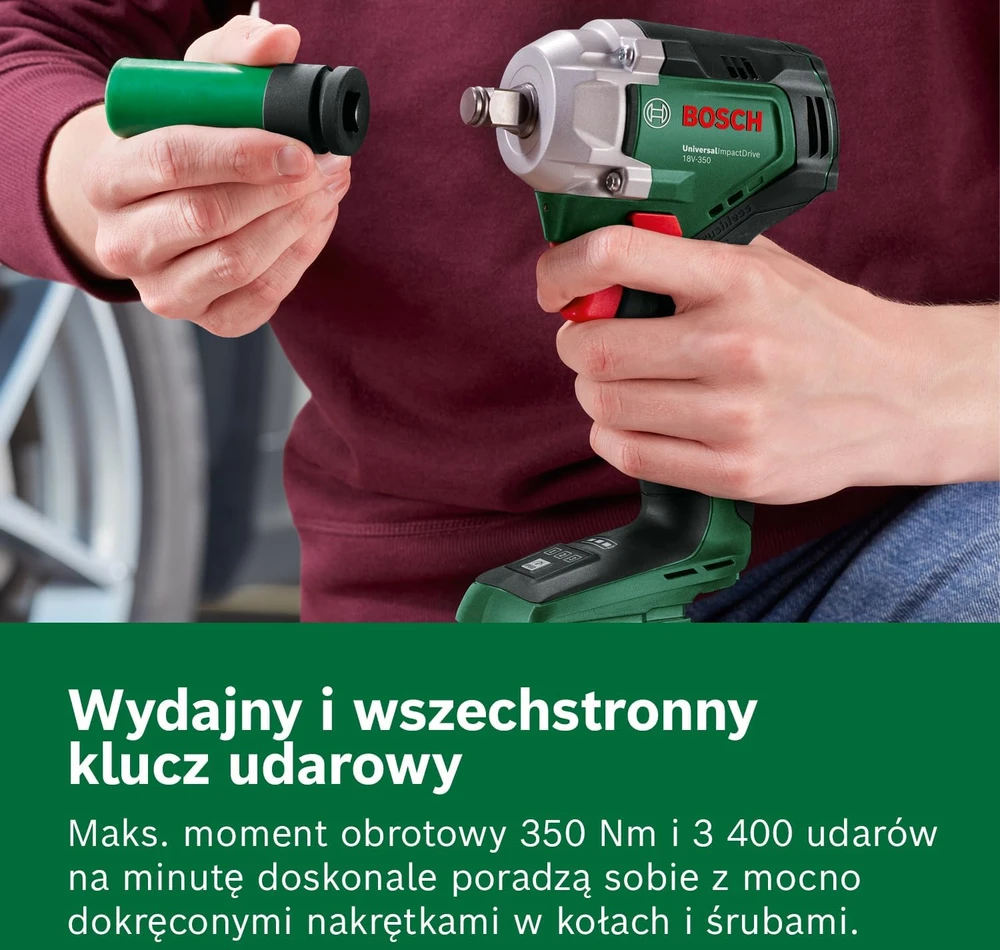 Bosch smūginis veržliasukis UniversalImpactDrive 18V-350 be akumuliatoriaus ir kroviklio + 3 sukimo galvutės
