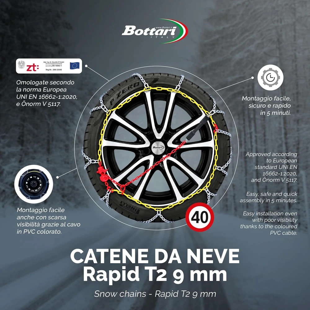 Bottari Italy Bottari sniego grandinės lengviesiems automobiliams Rapid T2, 9 mm, 140 dydis, 18835