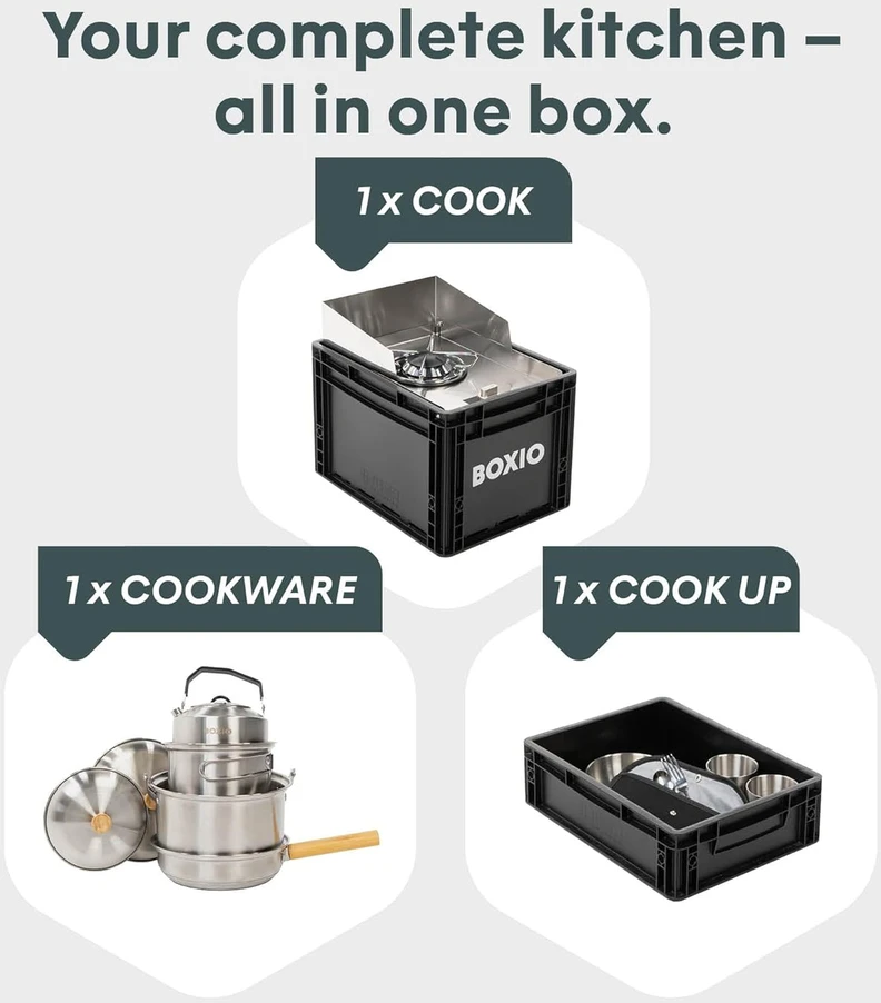 BOXIO dujinė stovyklavimo viryklė su 1500 W galia, 4 dalių nerūdijančio plieno indų komplektu ir vėjui atsparia apsauga, BOX-COOK-M-10