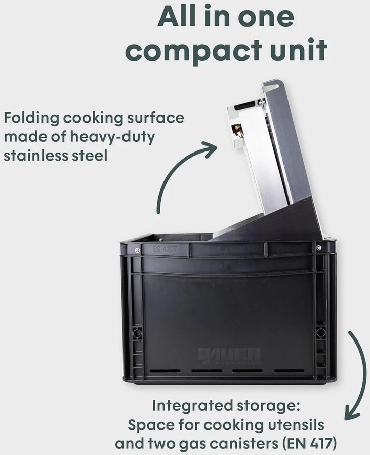 BOXIO dujinė stovyklavimo viryklė su indų rinkiniu, vėjo apsauga, nerūdijančio plieno korpusu, 1500 W, BOX-COOK-P-10