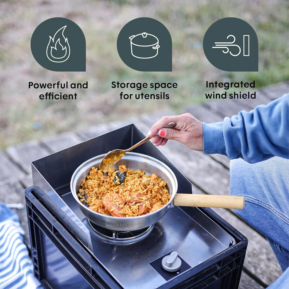 BOXIO dujinė stovyklavimo viryklė su indų rinkiniu, vėjo apsauga, nerūdijančio plieno korpusu, 1500 W, BOX-COOK-P-10