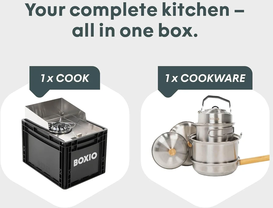 BOXIO dujinė stovyklavimo viryklė su indų rinkiniu, vėjo apsauga, nerūdijančio plieno korpusu, 1500 W, BOX-COOK-P-10