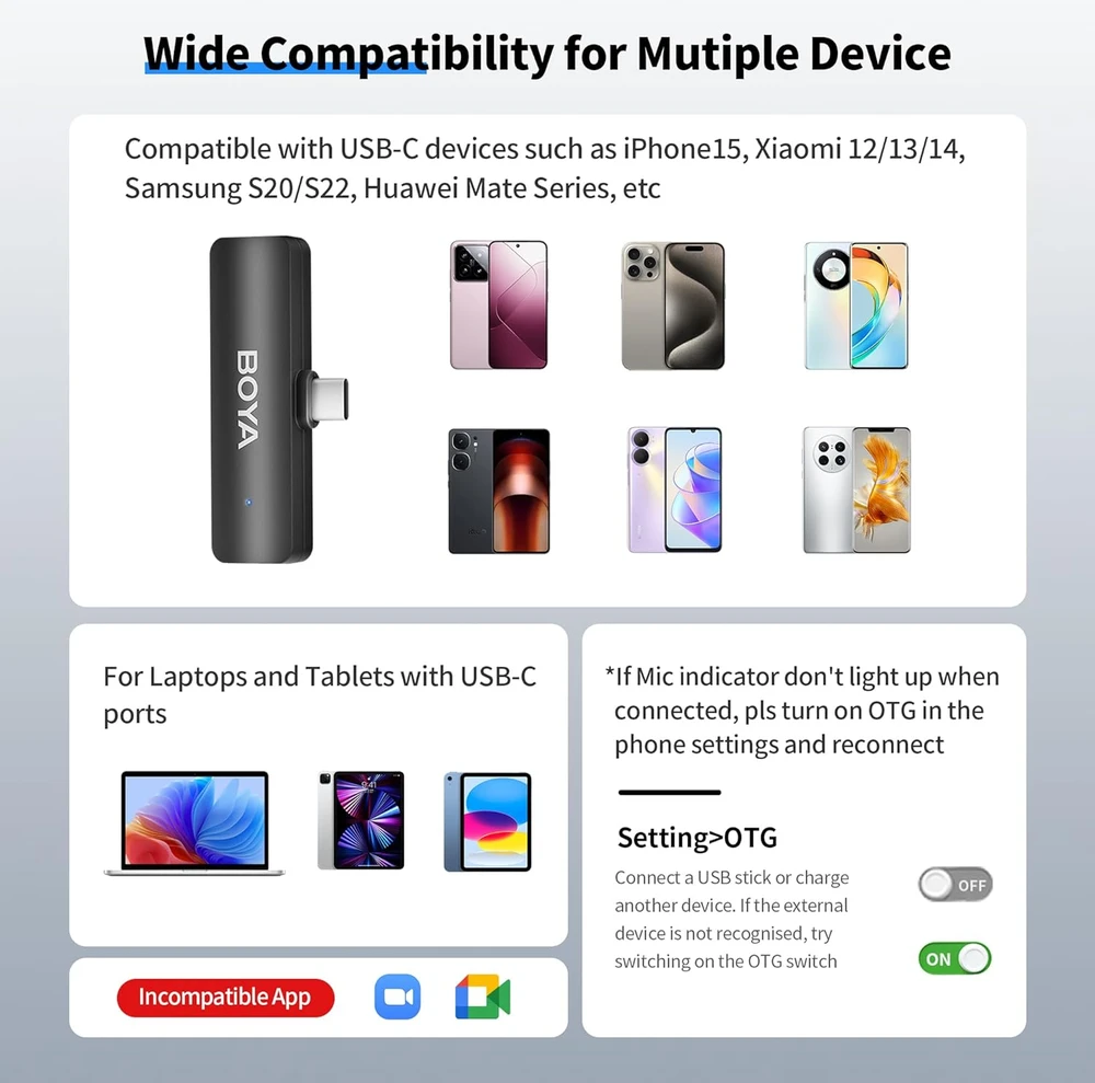 BOYA belaidis lavalier tipo mikrofonas BY-V4U, keturių kanalų, triukšmo mažinimas, USB-C