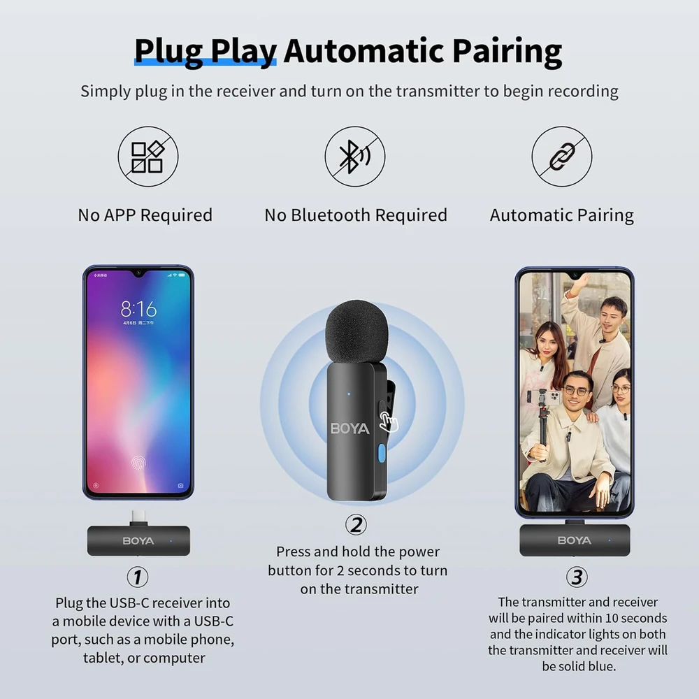 BOYA belaidis lavalier tipo mikrofonas BY-V4U, keturių kanalų, triukšmo mažinimas, USB-C