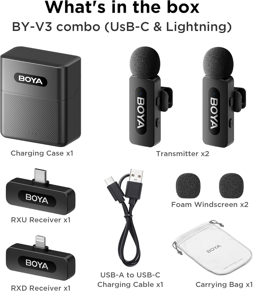 BOYA belaidis mikrofonas BY-V3 Combo 2.4GHz, su 2 siųstuvais ir 2 imtuvais (C tipo ir „Lightning“) Juodas EU