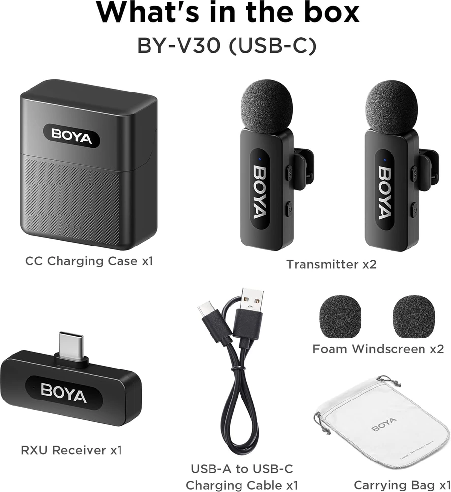 BOYA belaidis mikrofonas BY-V30 2.4GHz su 2 siųstuvais ir 1 imtuvu (C tipo) Juodas EU