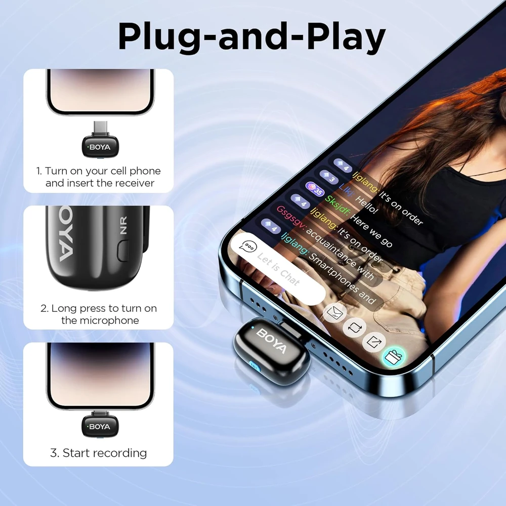 BOYA belaidis mini lavalier mikrofonas su USB-C ir Lightning, 100 m, triukšmo slopinimu