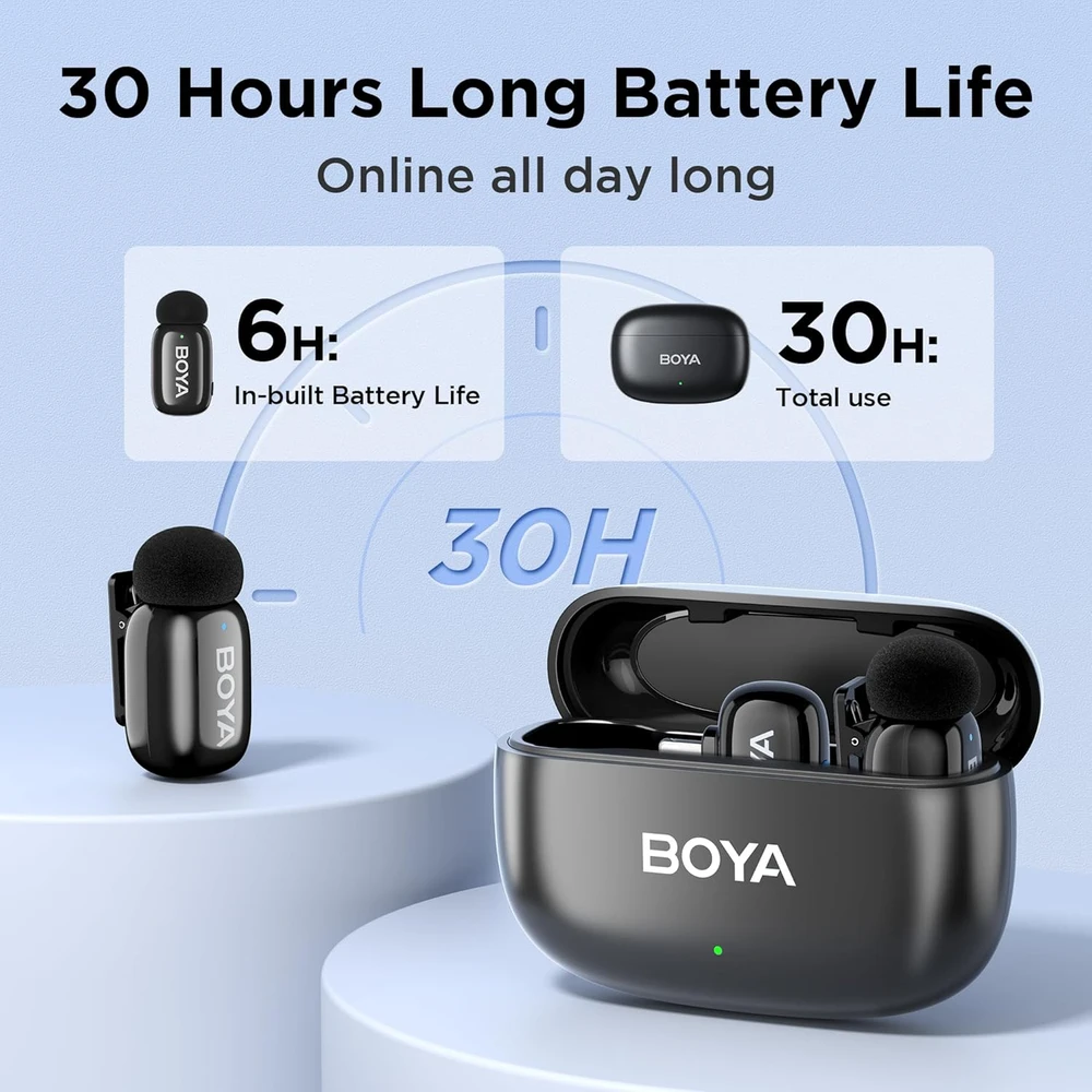 BOYA belaidis mini lavalier mikrofonas su USB-C ir Lightning, 100 m, triukšmo slopinimu