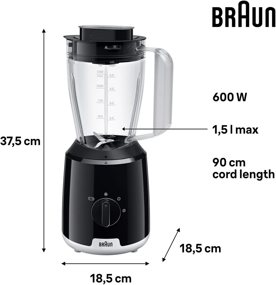 Braun stacionarus blenderis PowerBlend 1, 600 W, 1.5 l stiklinis ąsotis, butelis Smoothie2Go, juodas, JB1051BK