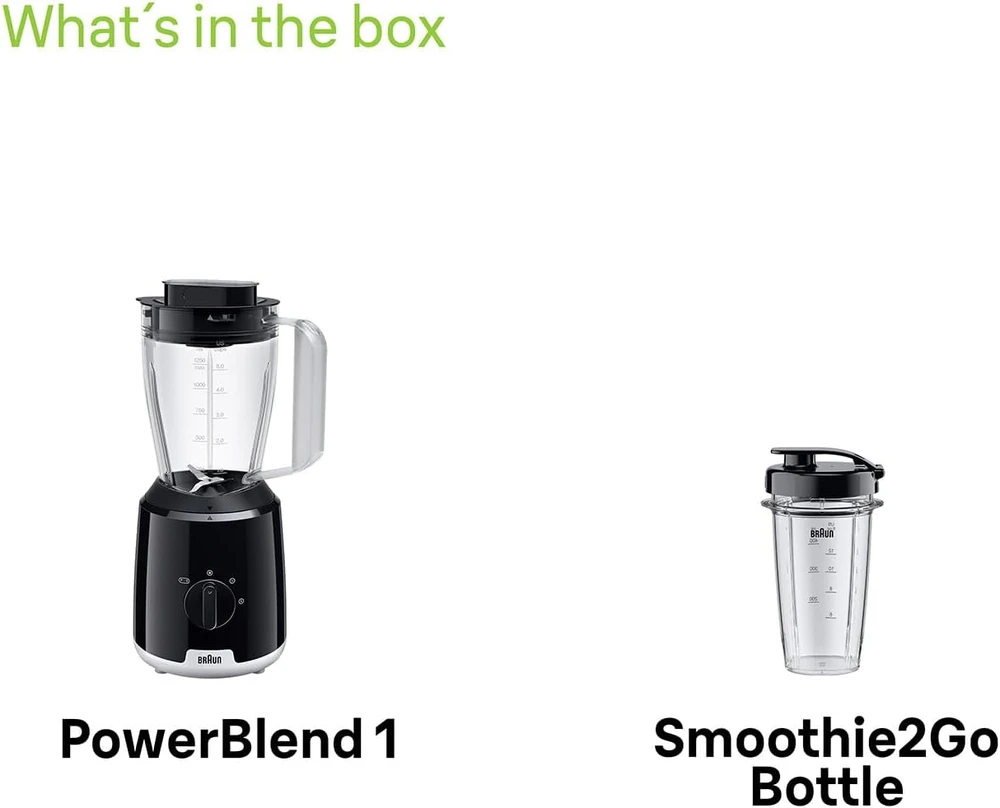 Braun stacionarus blenderis PowerBlend 1, 600 W, 1.5 l stiklinis ąsotis, butelis Smoothie2Go, juodas, JB1051BK