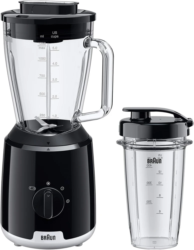 Braun stacionarus blenderis PowerBlend 1, 600 W, 1.5 l stiklinis ąsotis, butelis Smoothie2Go, juodas, JB1051BK
