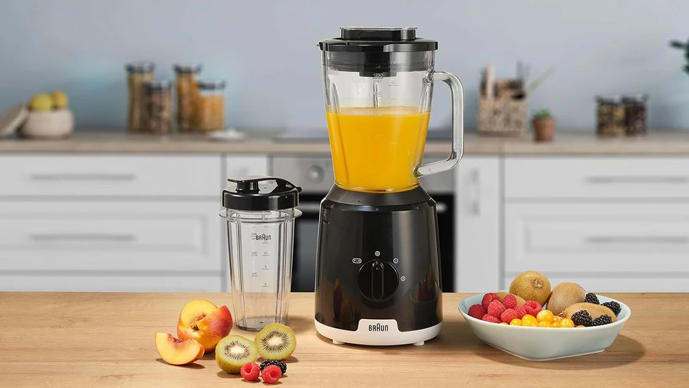Braun stacionarus blenderis PowerBlend 1, 600 W, 1.5 l stiklinis ąsotis, butelis Smoothie2Go, juodas, JB1051BK