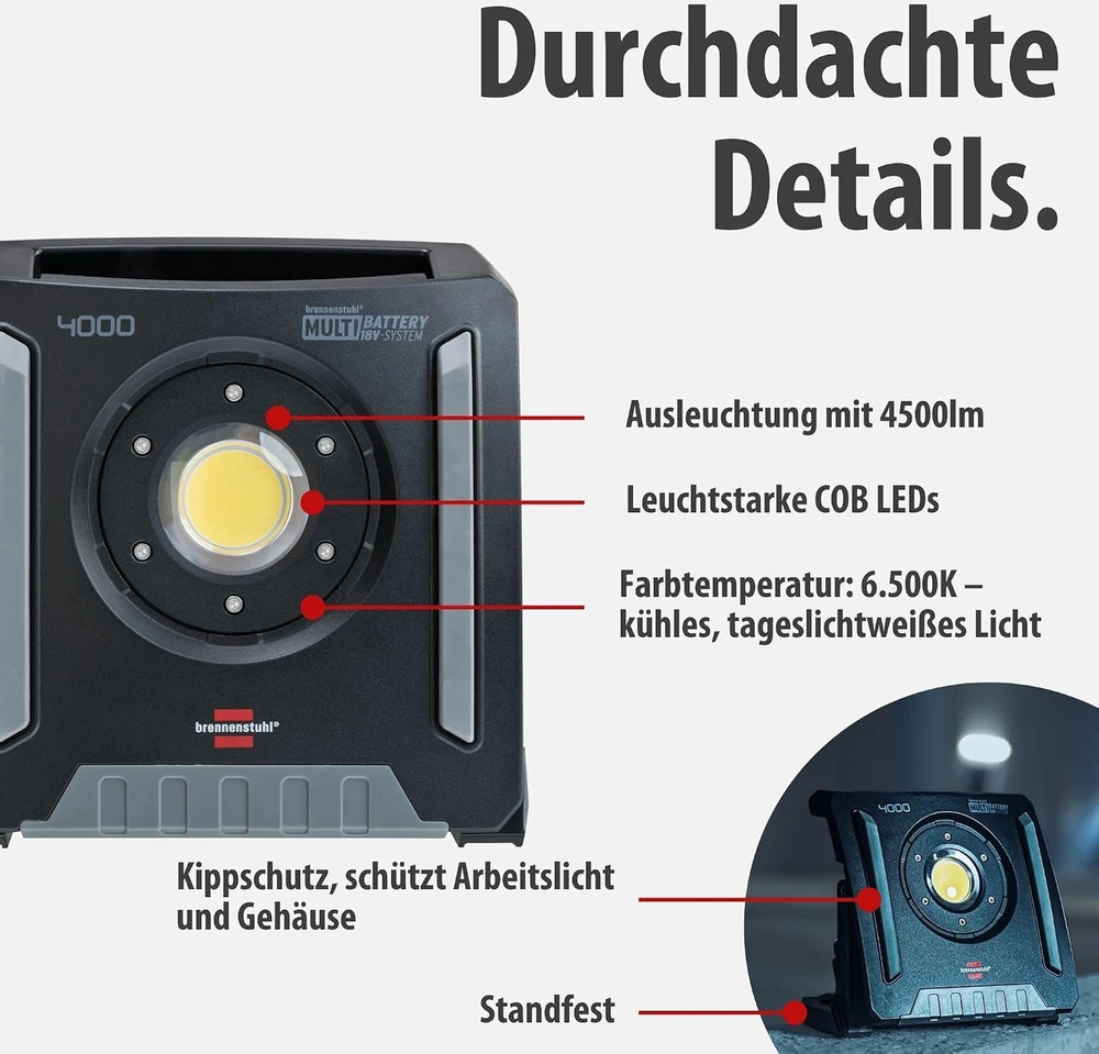 LED darbo vietos šviestuvas Brennenstuhl 1173140400, 18 V, 4500 lm, IP65, 4 šviesos lygiai, be akumuliatoriaus