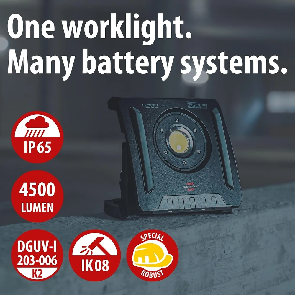 LED darbo vietos šviestuvas Brennenstuhl 1173140400, 18 V, 4500 lm, IP65, 4 šviesos lygiai, be akumuliatoriaus