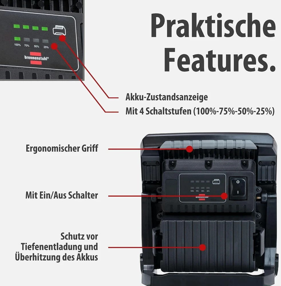LED darbo vietos šviestuvas Brennenstuhl 1173140400, 18 V, 4500 lm, IP65, 4 šviesos lygiai, be akumuliatoriaus