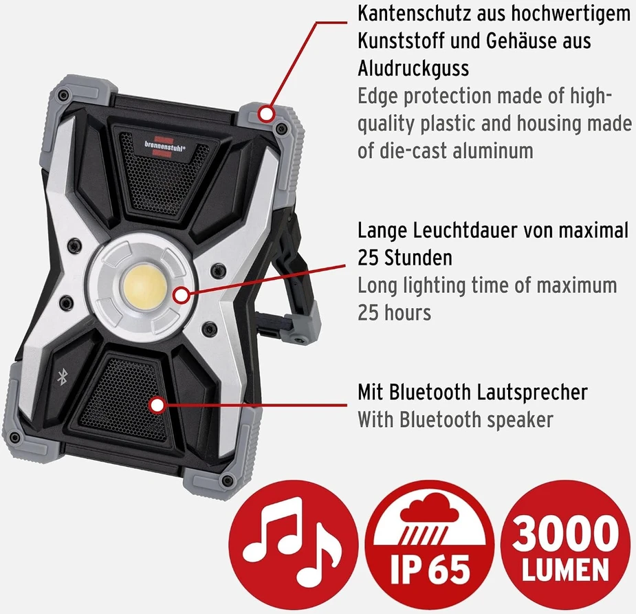 Brennenstuhl nešiojamas šviestuvas 30W 3000lm LED RUFUS IP65 su garsiakalbiu ir akumuliatoriumi