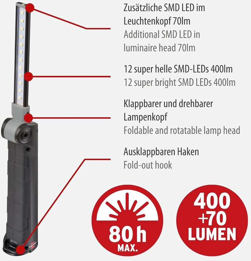 Brennenstuhl LED darbo žibintas su akumuliatoriumi, magnetu, USB-C, 400+70 lm, 1177370010