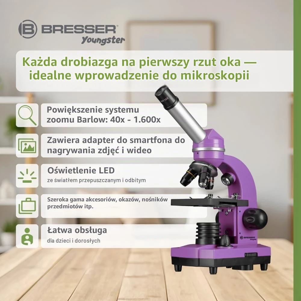 Mikroskopas Bresser Junior Biolux SEL 40–1600x, violetinis