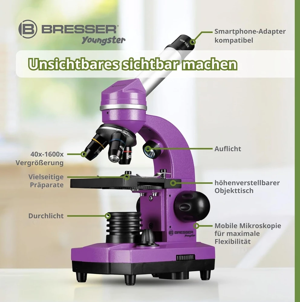 Mikroskopas Bresser Junior Biolux SEL 40–1600x, violetinis
