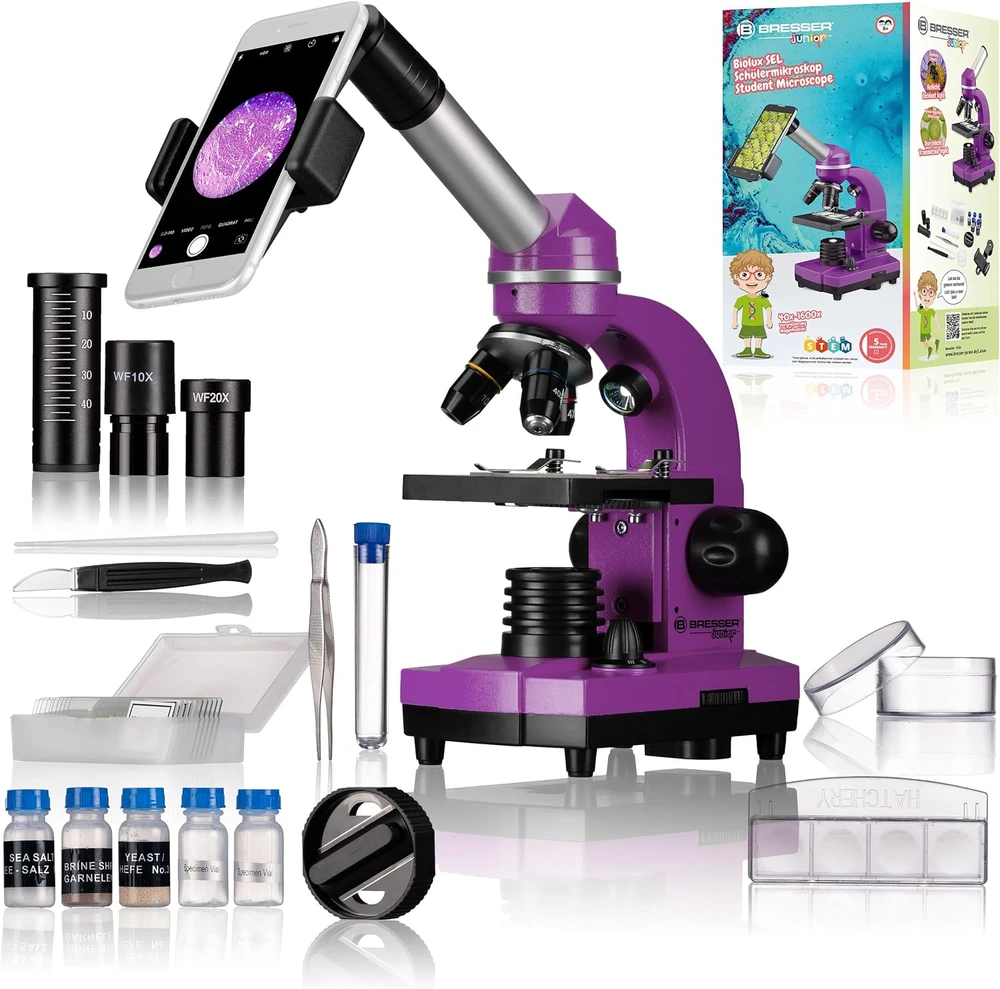 Mikroskopas Bresser Junior Biolux SEL 40–1600x, violetinis
