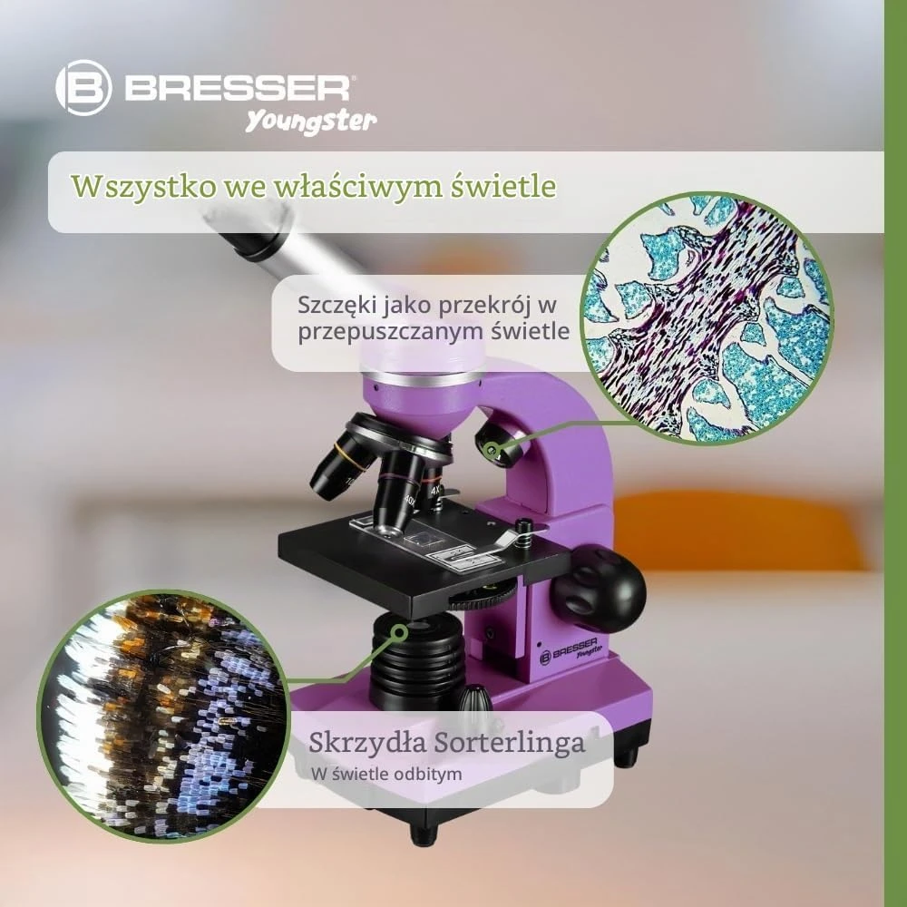Mikroskopas Bresser Junior Biolux SEL 40–1600x, violetinis