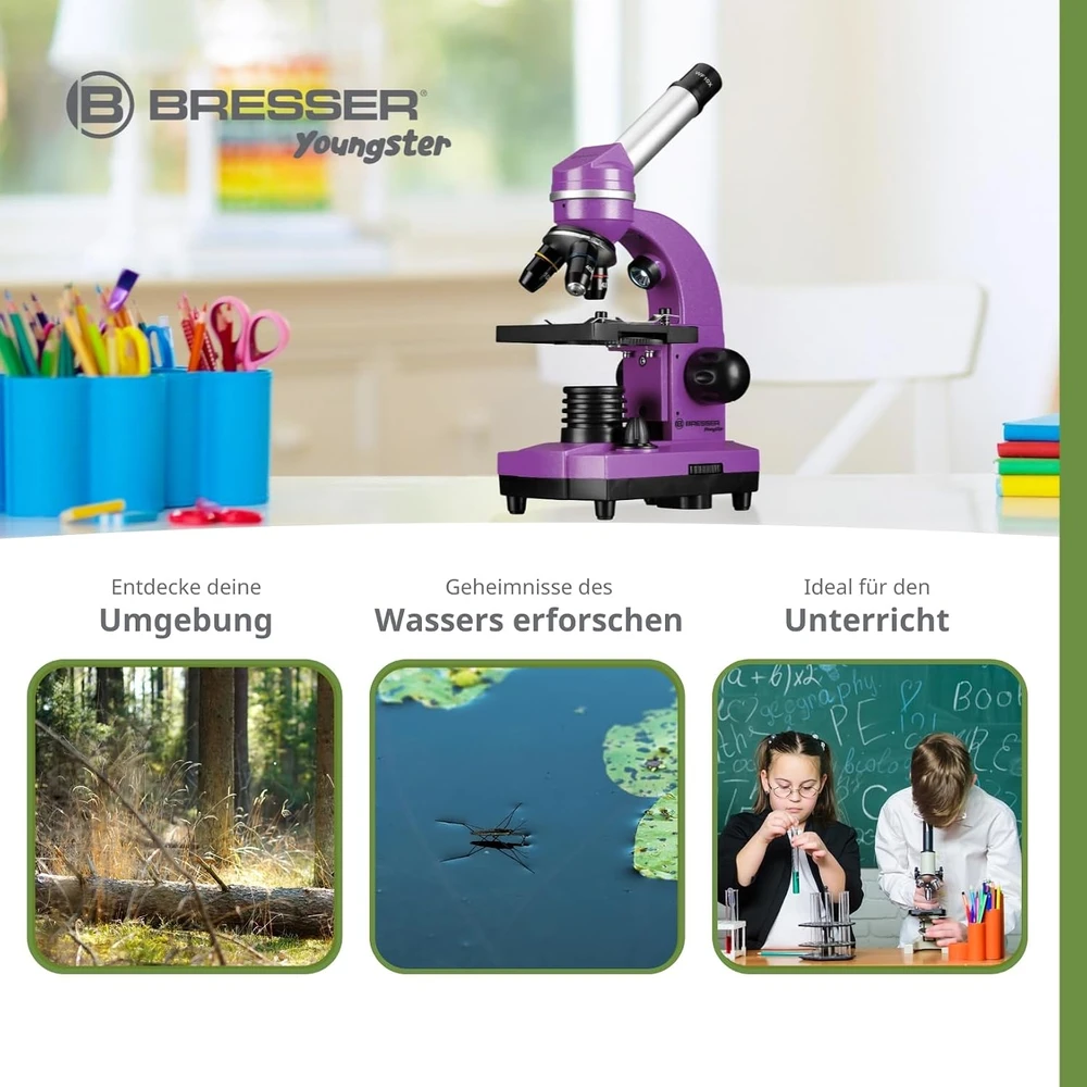 Mikroskopas Bresser Junior Biolux SEL 40–1600x, violetinis