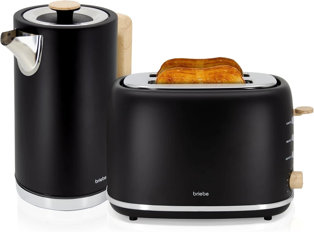 briebe Nordic pusryčių rinkinys – 2 riekelių duonos skrudintuvas, 6 apkepimo lygiai, elektrinis virdulys 1,7 l, 2200 W, juodas
