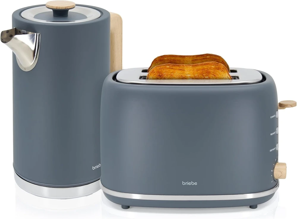 briebe pusryčių rinkinys Nordic – elektrinis virdulys 1,7 l 2200 W ir 2 riekelių skrudintuvas, 6 lygiai, pilkas, SKT1167