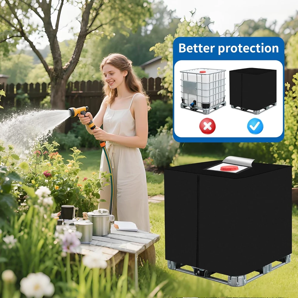BUCOMTU IBC 1000 l bako apsauginis uždangalas, 420D Oxford, UV atsparus, užtrauktukas, juodas