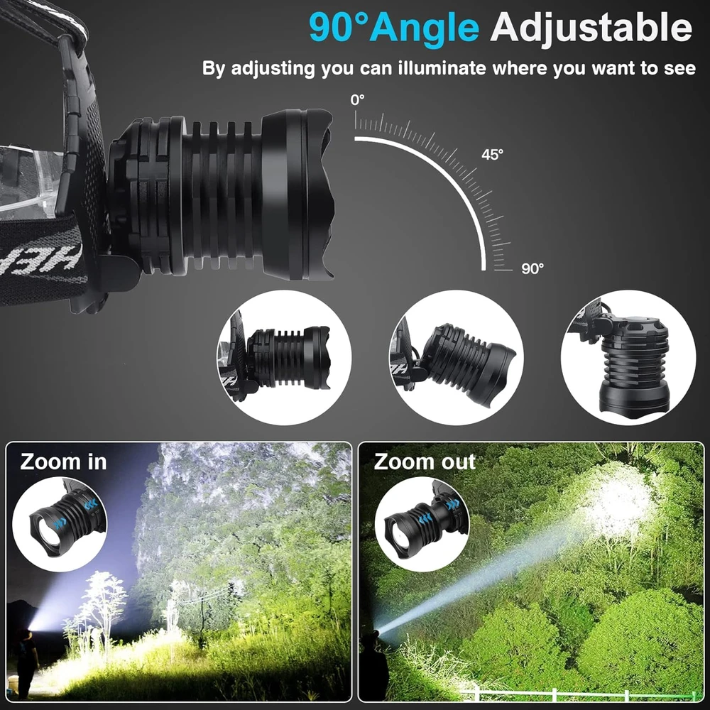 Bud K galvos žibintas LED, 90000 lm, USB įkrovimas, IPX6, zoom funkcija, 5 režimai, XHP70