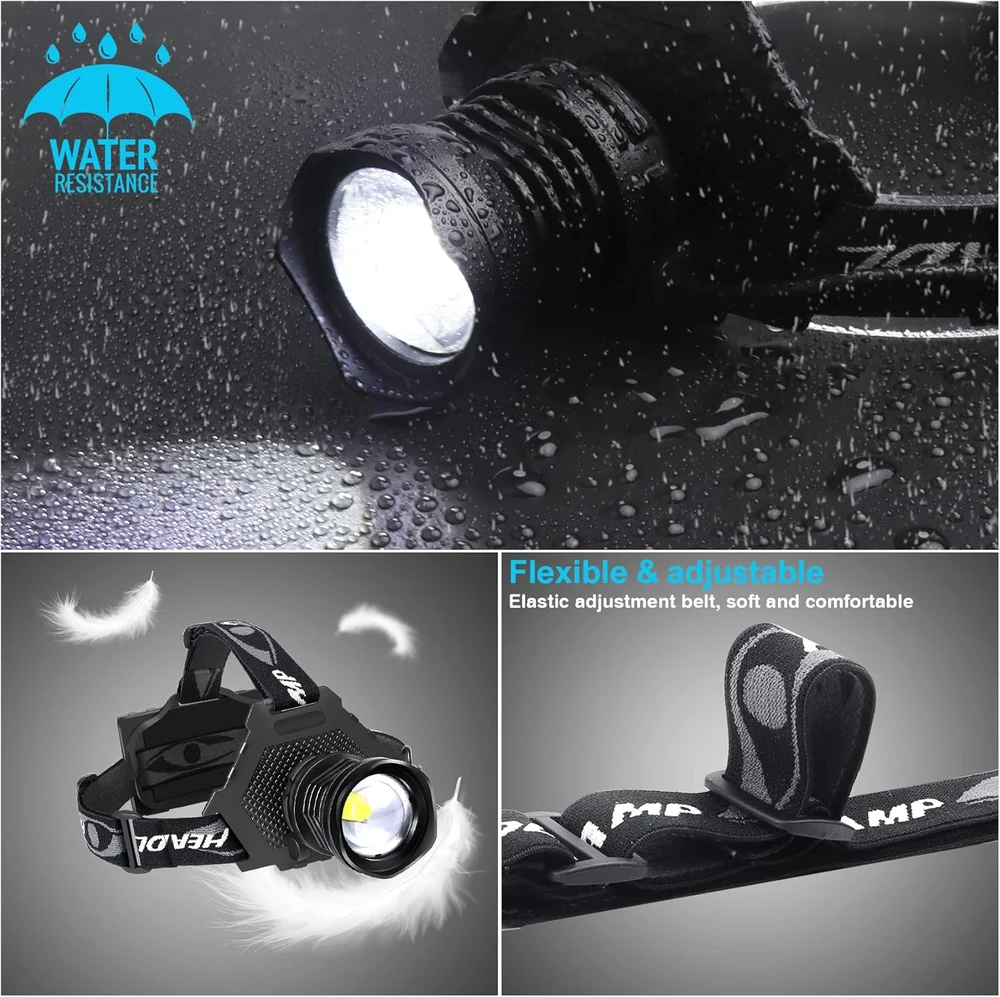 Bud K galvos žibintas LED, 90000 lm, USB įkrovimas, IPX6, zoom funkcija, 5 režimai, XHP70