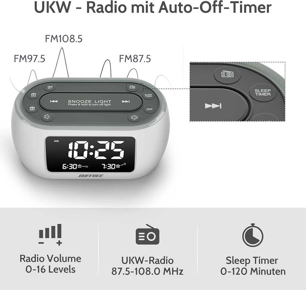BUFFBEE skaitmeninis radijo žadintuvas su FM radiju ir 7 spalvų naktine lempute RS1