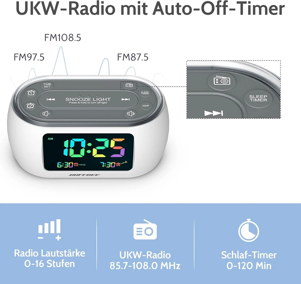 BUFFBEE skaitmeninis radijo žadintuvas su FM radiju ir 7 spalvų naktine lempute RS1